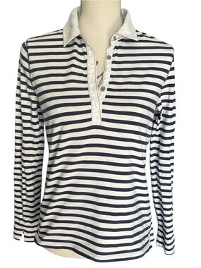 Brax Navy/White Stripe Cecille Cotton Stretch Collared Long Sleeve Polo (M)